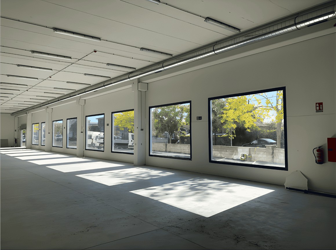 Interior de nave con ventanas de aluminio